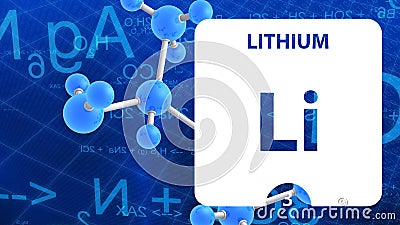 Lithium 3 element. Alkaline earth metals. Chemical Element of Mendeleev Periodic Table. Lithium in square cube creative concept. Stock Photo