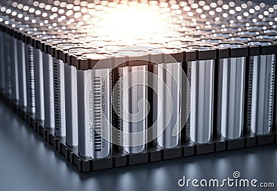 Lithium-ion batteries form a battery pack utilized in electric vehicles. 3d render Stock Photo