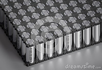 Lithium-ion batteries form a battery pack utilized in electric vehicles. 3d render Stock Photo
