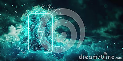 Lithium Ion Battery With A Lightning Bolt Icon , Cloud Illuminated With Neon Turquoise Light Battery Stock Photo