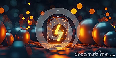 Lithium-Ion Battery Symbolized With Lightning Bolt Icon And Neon Yellow Light Illuminated Balloons I Stock Photo