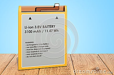 Lithium Ion Cell Phone Battery on the wooden planks, 3D rendering Stock Photo