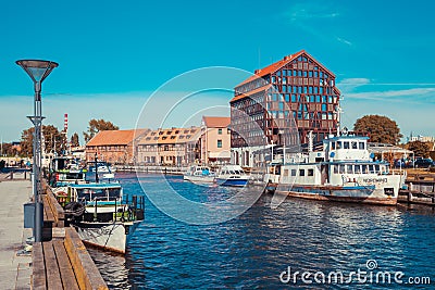 LITHUANIA, KLAIPEDA - JULY 20, 2016: Boats on river in Klaipeda Editorial Stock Photo