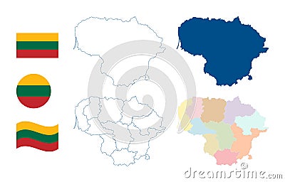 Lithuania map. Detailed blue outline and silhouette. Administrative divisions and counties. Country flag. Set of vector maps. All Vector Illustration
