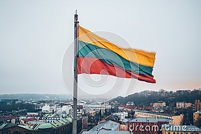 Lithuanian flag in the wind. Drone aerial view Stock Photo