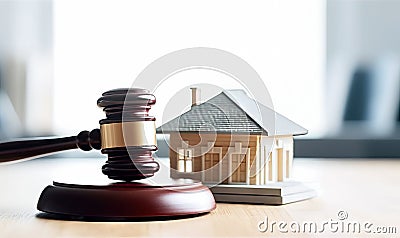 Litigating Mortgages Judge's Gavel and Miniature House in Legal Scene - Generative AI Cartoon Illustration