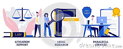 Litigation support, legal research, paralegal services concept with tiny people. Law firm vector illustration set. Forensic Vector Illustration