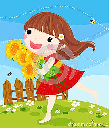 Litter girl with sunflower Vector Illustration