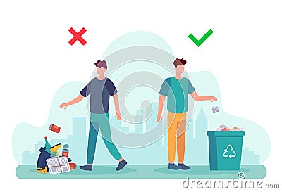 Littering behavior. Infographic of correct and wrong examples of throwing out garbage. Illustration of man disposing Vector Illustration