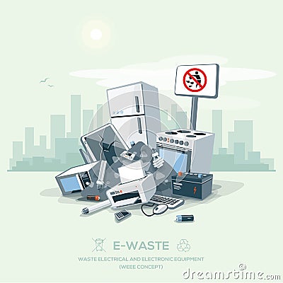 Littering Garbage E-waste Stack on the Street Road Vector Illustration