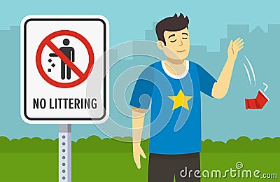 Littering is prohibited design. Young male character throws out a used plastic cup on the ground. No littering warning sign. Vector Illustration