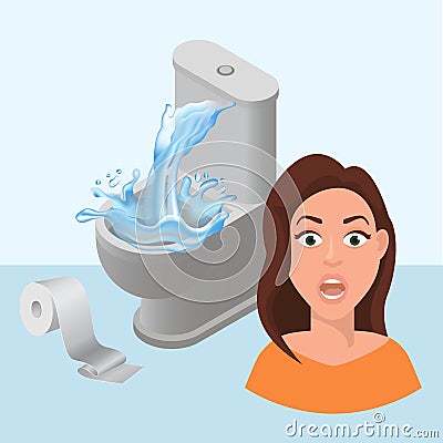 Littering toilet clogged and water splash, toilet paper littered vector cartoon illustration with girls scared face Vector Illustration
