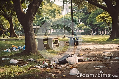 littering and urban pollution in a park, with trash strewn across the grounds Stock Photo