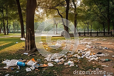 littering and urban pollution in a park, with trash strewn across the grounds Stock Photo