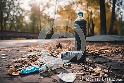 littering and urban pollution in a public park, with discarded cigarette and plastic bottles Stock Photo