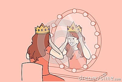 Little actress tries on crown sitting near mirror and dreams of playing role of princess on theater Vector Illustration
