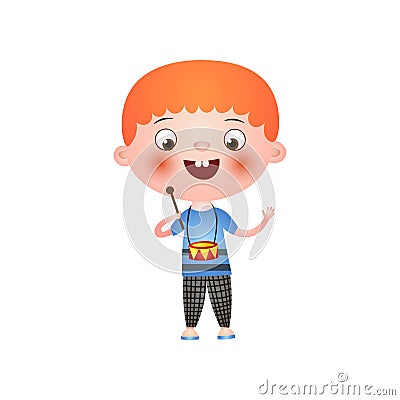 Little admired red-haired boy plays the drum isolated on white background Vector Illustration