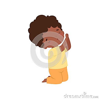 Little African American Boy Character Kneeling in Prayer Cartoon Vector Illustration Vector Illustration