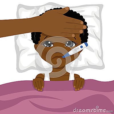 Little african american boy ill in bed with thermometer in his mouth and mother s head on his forehead Vector Illustration