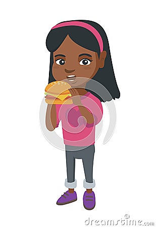 Little african-american girl eating a hamburger. Vector Illustration