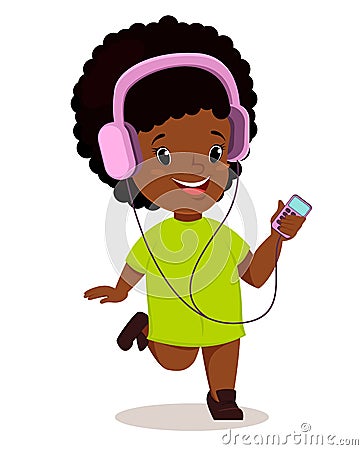 Little African girl running and listening to the music. Cute cartoon character. Vector Illustration