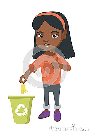 Little girl throwing banana peel in recycling bin. Vector Illustration