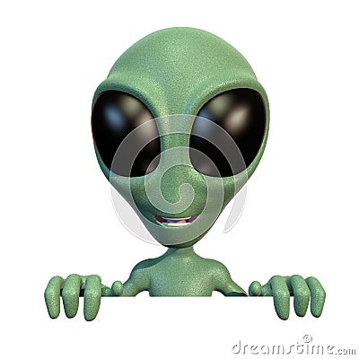 Little alien on top of blank sign Stock Photo