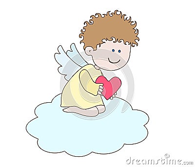 A little angel sits on a cloud and holds a heart. Vector Illustration