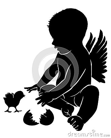Little angel with wings and Easter chick Vector Illustration