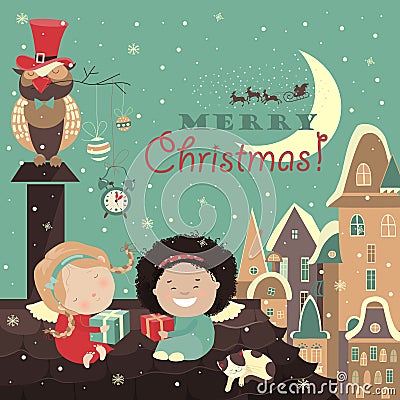 Little angels on the roof of celebrating Christmas Vector Illustration