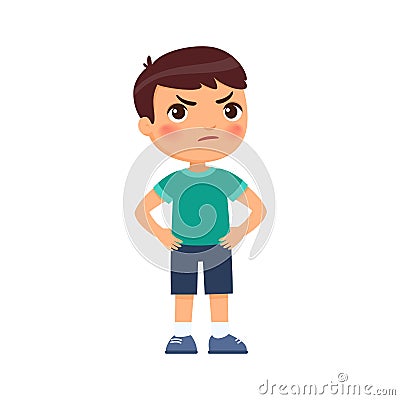 Little angry boy hands on hips. Conduct disorder, child psychology. Vector Illustration