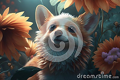 Little animals like Porcupine, rat, dog, cat, bunny and a flowers world 3D fantasy art, kid wall art, frame artwork Stock Photo