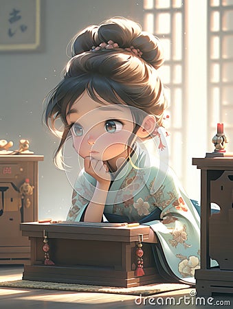 little anime girl wearing chinese hanfu sitting in the sunlight generative AI Stock Photo