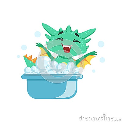 Little Anime Style Baby Dragon Enjoying Bubble Bath Cartoon Character Emoji Illustration Vector Illustration