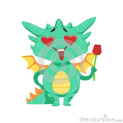 Little Anime Style Baby Dragon In Love Holding Single Red Rose Cartoon Character Emoji Illustration Vector Illustration