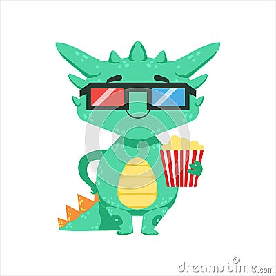 Little Anime Style Baby Dragon In Movie Theatre In 3D Glasses Cartoon Character Emoji Illustration Vector Illustration