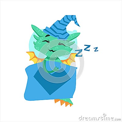 Little Anime Style Baby Dragon Sleeping In Bed With Night Hat Cartoon Character Emoji Illustration Vector Illustration