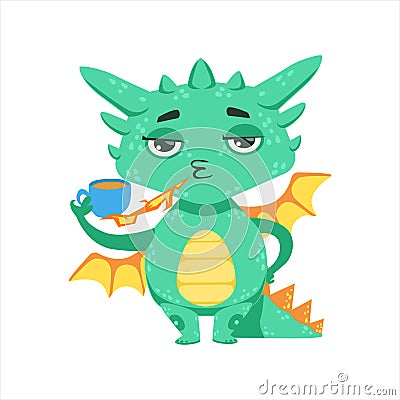 Little Anime Style Baby Dragon Warming Up Tea With Fire Cartoon Character Emoji Illustration Vector Illustration