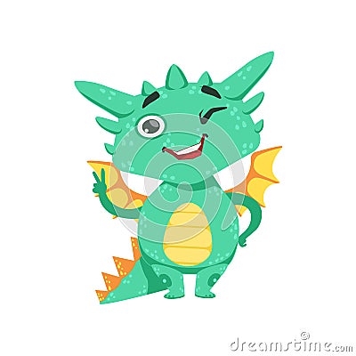 Little Anime Style Baby Dragon Winking And Showing Peace Gesture Cartoon Character Emoji Illustration Vector Illustration