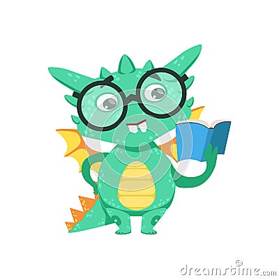 Little Anime Style Smart Bookworm Baby Dragon Reading A Book Cartoon Character Emoji Illustration Vector Illustration