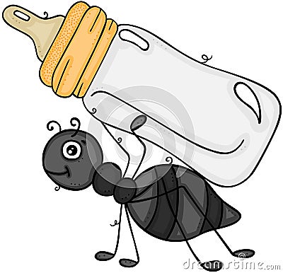 Little ant carrying a baby milk bottle Vector Illustration