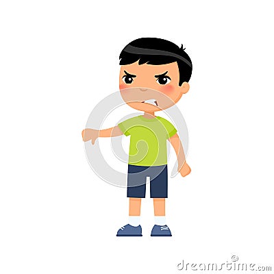 Little asain boy showing thumb down gesture flat vector illustration. Vector Illustration