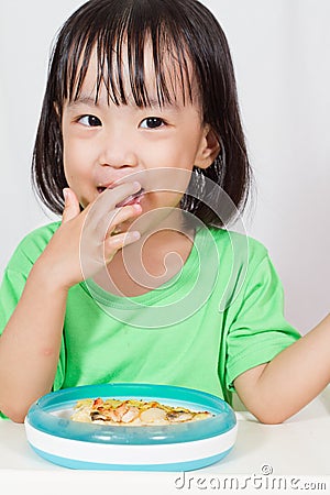 Little Asain Chinese Eating Pizza Stock Photo