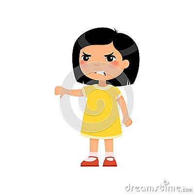 Little asain girl showing thumb down gesture flat vector illustration. Vector Illustration