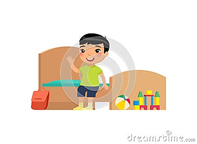 Little asian boy in clean bedroom flat vector illustration. Cute kid sitting on bed in tidy room cartoon character Vector Illustration