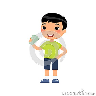 Little asian boy with money in hand flat vector illustration. Vector Illustration