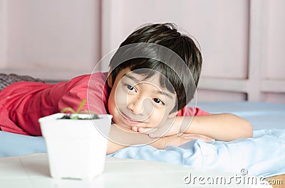 Little asian boy wating for new baby plant grow up Stock Photo