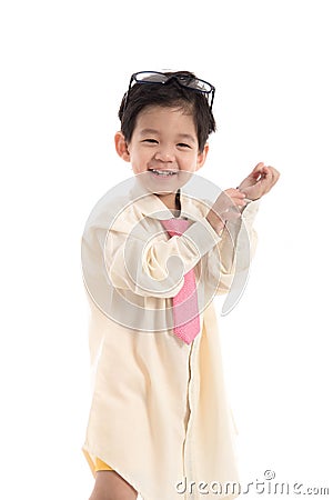 Little asian child pretending to be business man Stock Photo