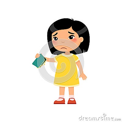 Little asian girl with empty wallet in hand flat vector illustration. Vector Illustration