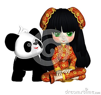 Little Asian Girl And Her Panda Posers Clipart Stock Photo